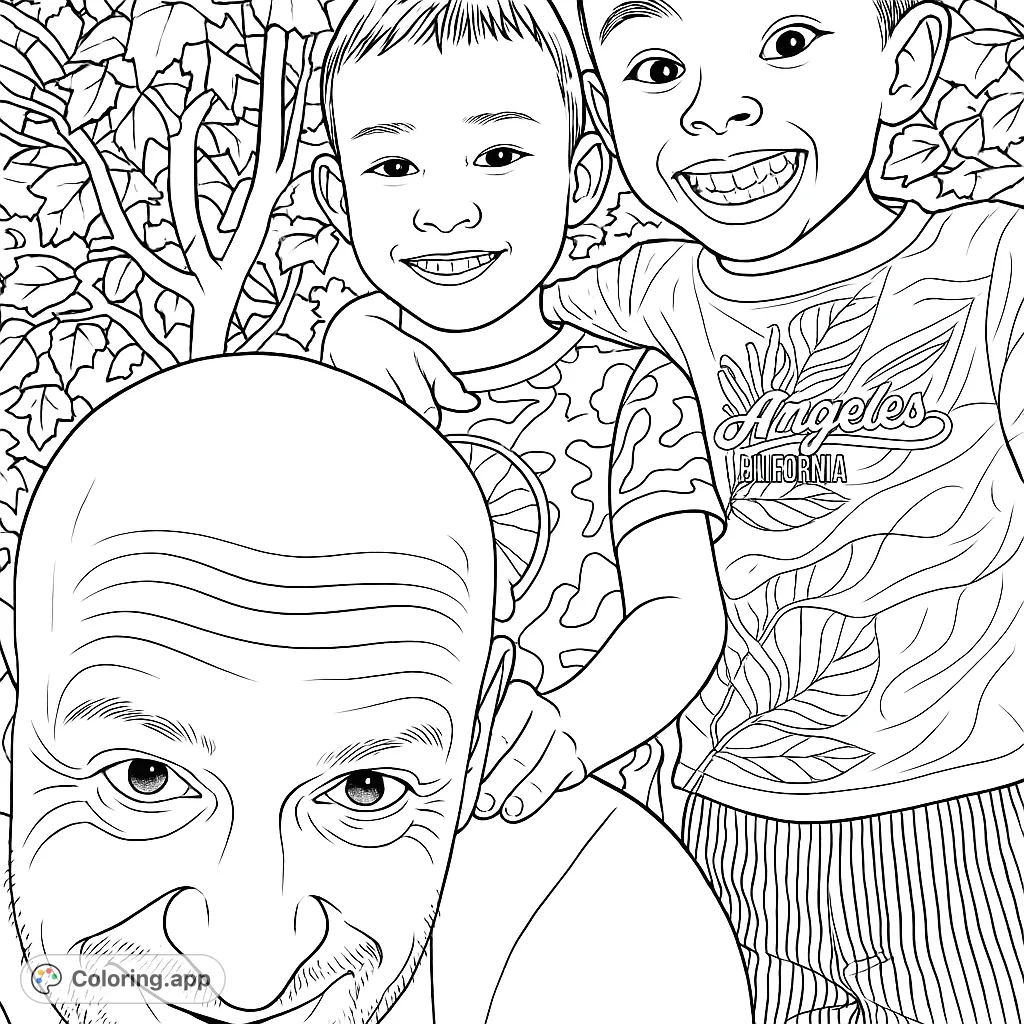 A heartwarming scene of a man and two boys smiling outdoors, capturing a moment of family joy. Perfect for a family-themed coloring page.