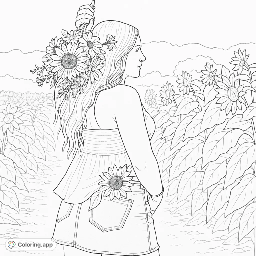A realistic coloring page featuring a woman holding a vibrant bouquet in a vast sunflower field, perfect for nature lovers and detailed coloring.