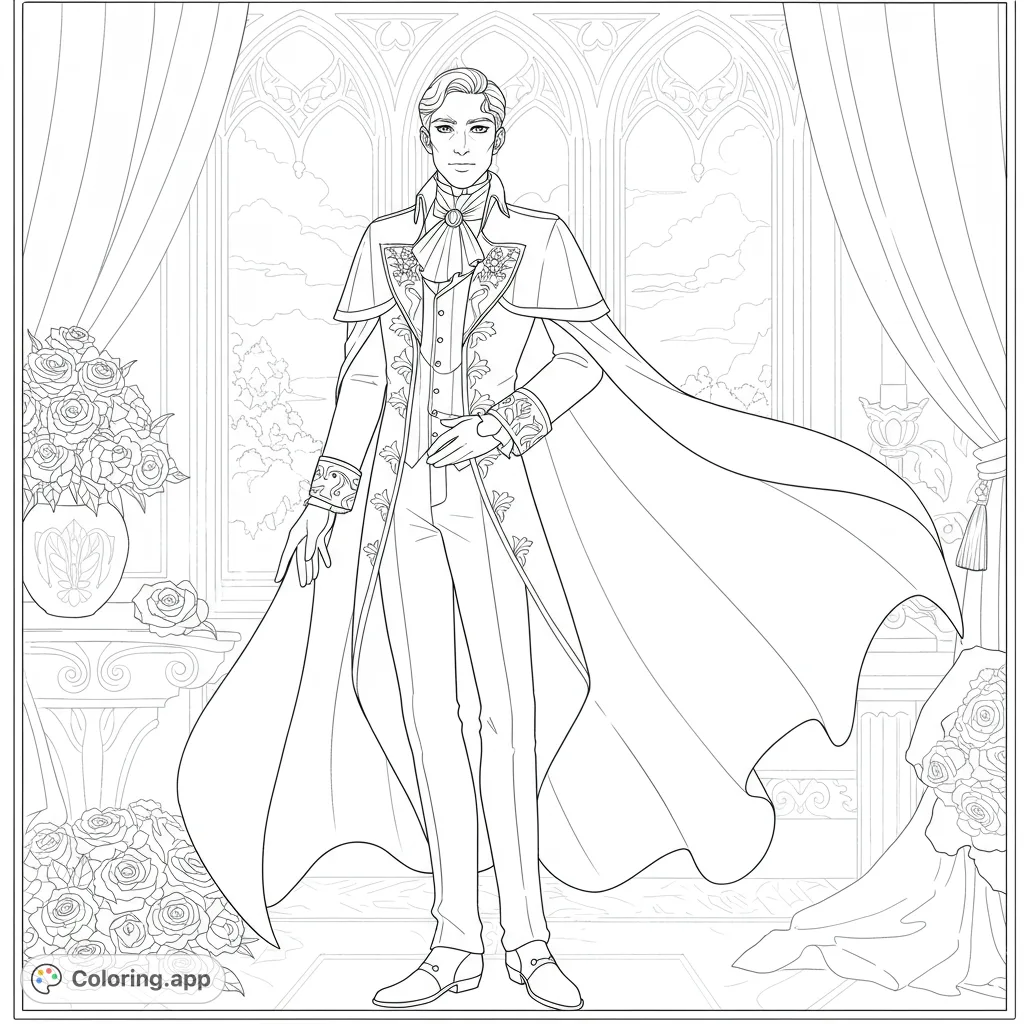 Capture the enigmatic allure of Quinn from My Vampire System. A detailed portrait featuring elegant attire and a gothic setting, perfect for fans.