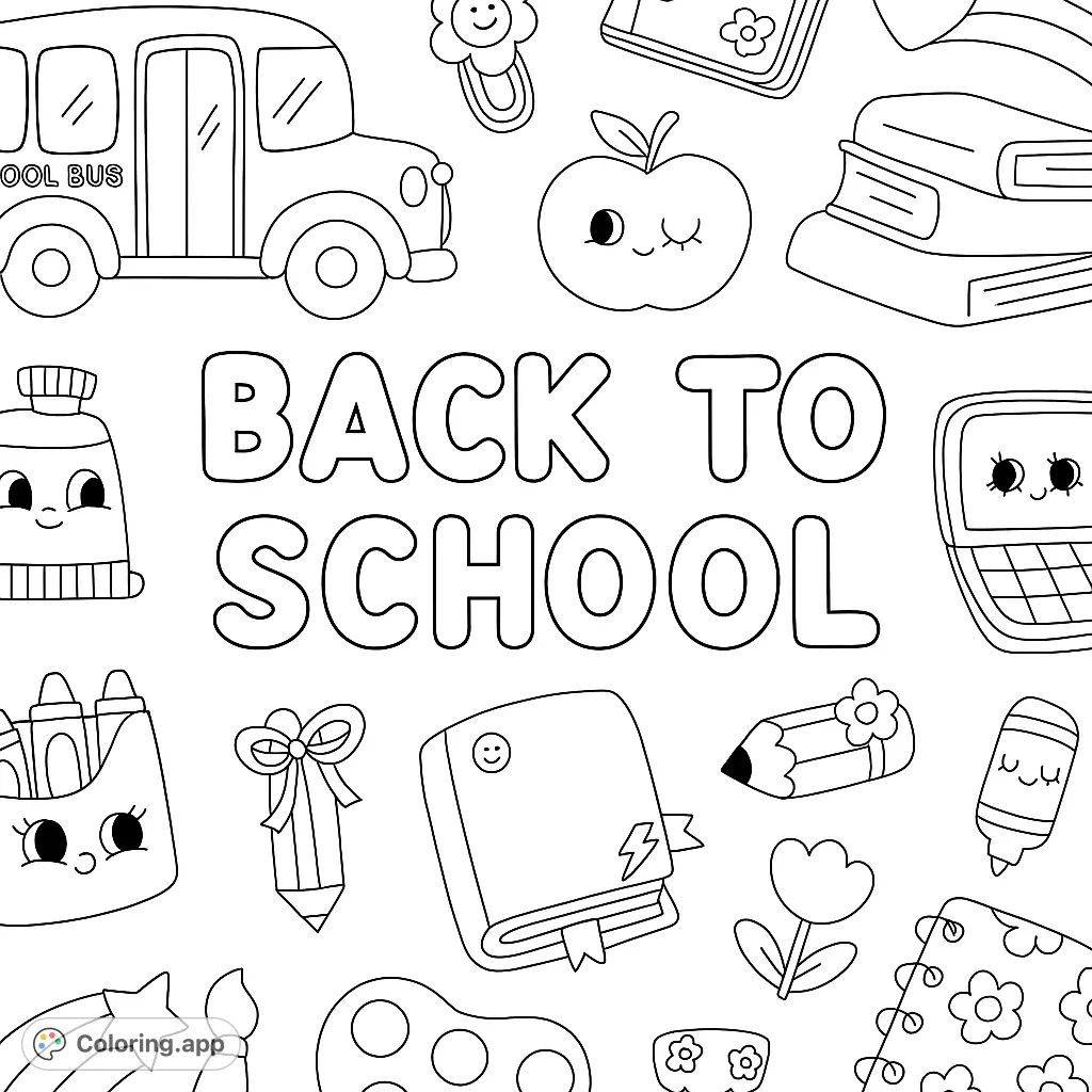 A delightful back to school coloring page featuring a school bus, books, and various cute school supplies, perfect for young learners.