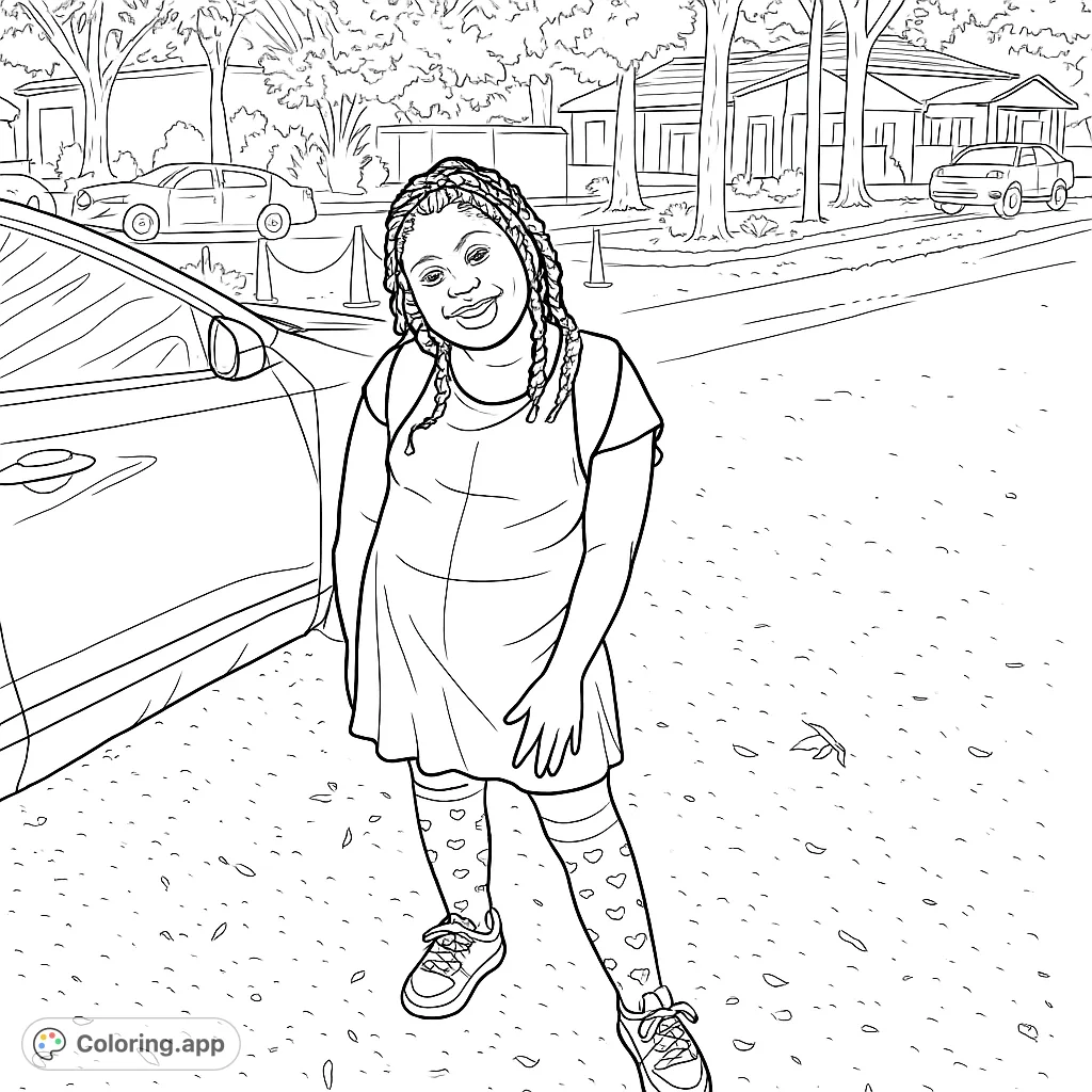 A cheerful girl with a backpack and patterned socks stands outdoors, ready for adventure. A delightful scene for young colorists.