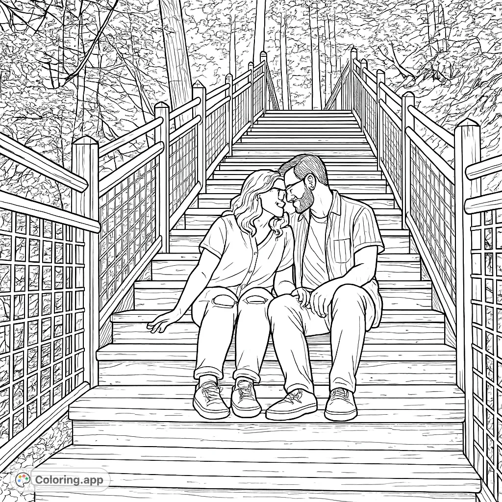 A loving couple shares a tender moment on a grand wooden staircase amidst a serene forest, perfect for a romantic coloring escape.
