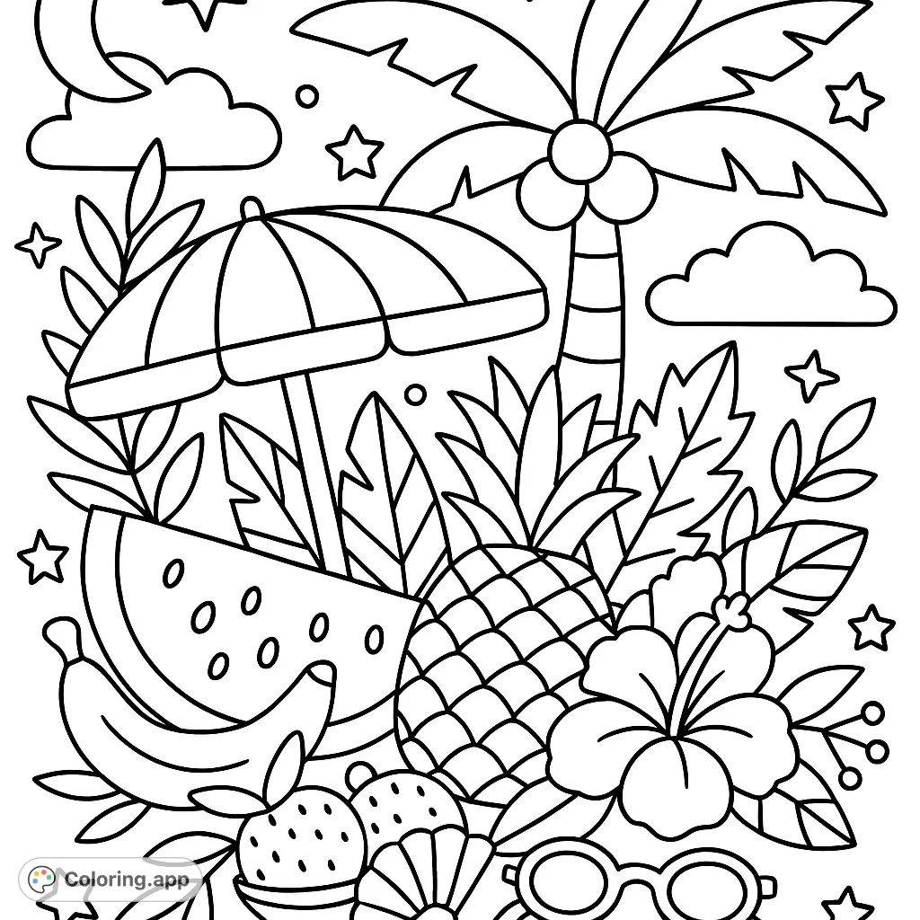 Dive into a vibrant tropical summer scene featuring a beach umbrella, lush palm, juicy fruits, and beach essentials. Perfect for a relaxing escape!