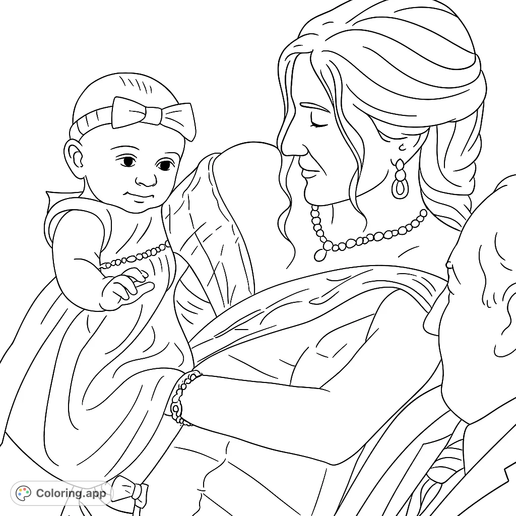 Capture a tender moment with this elegant mother and child coloring page. Features a woman holding a baby in formal attire, perfect for all ages to enjoy.