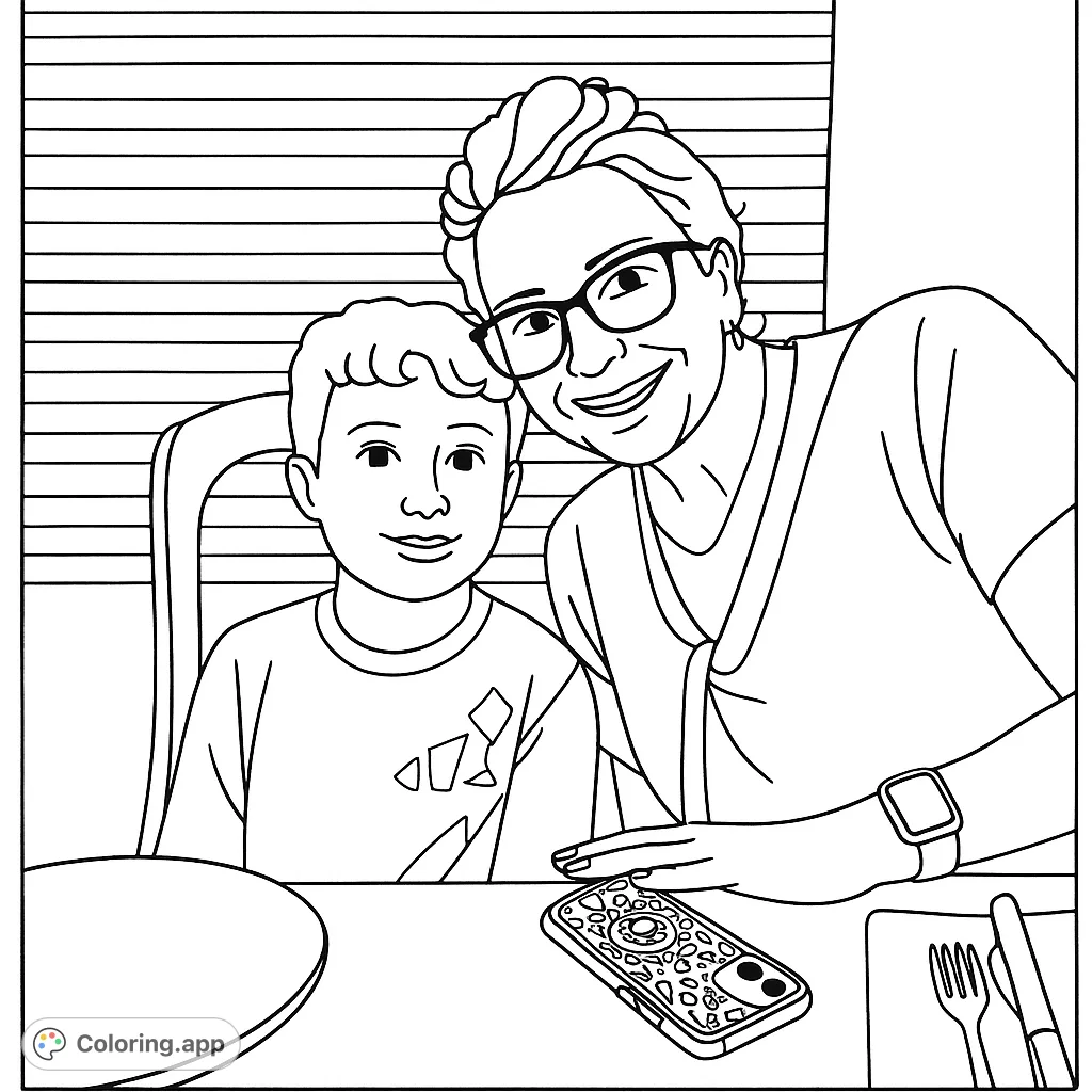 A heartwarming coloring page featuring a woman and a boy sharing a sweet moment at a table. Perfect for family bonding and creative expression.