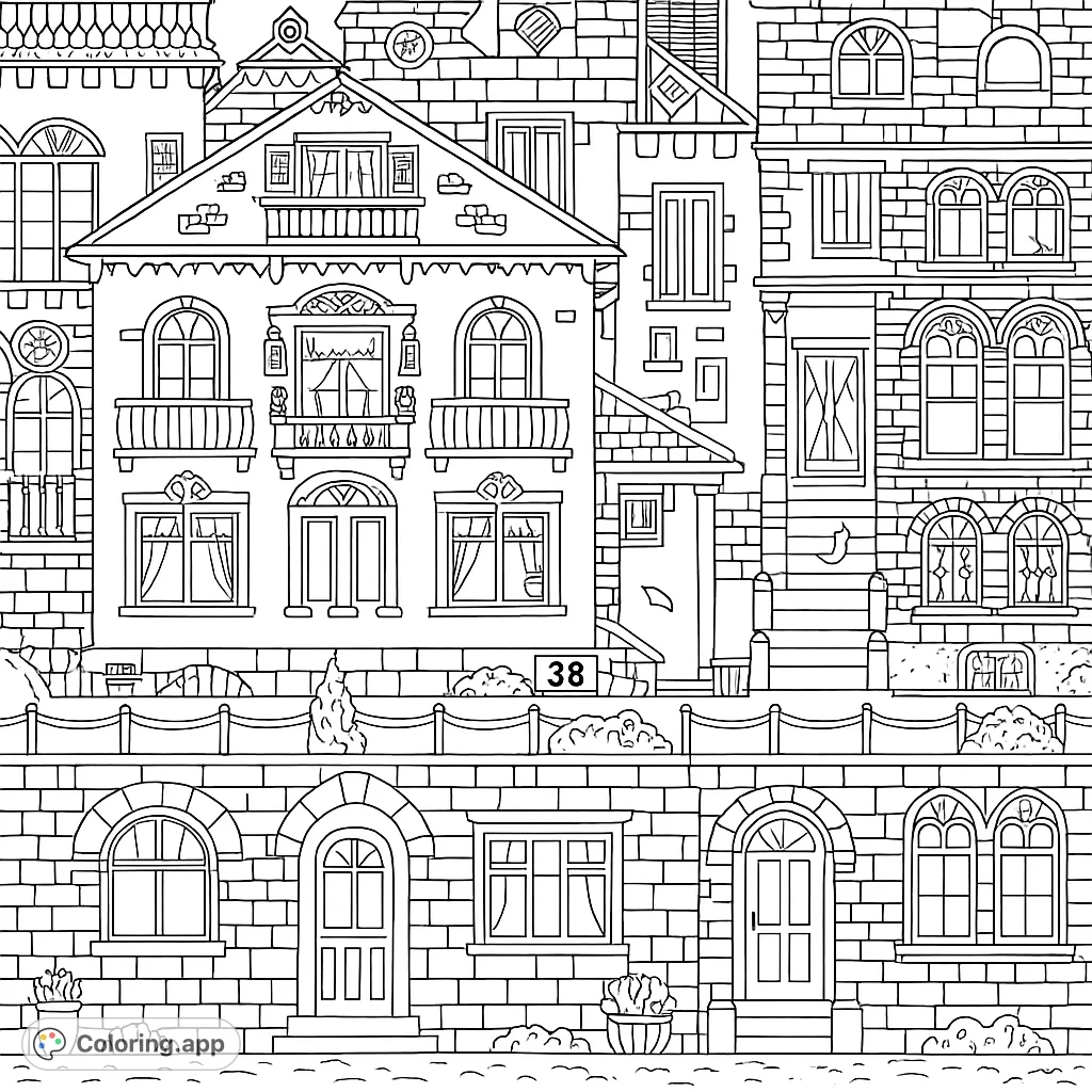Explore a charming, detailed streetscape with whimsical houses, intricate windows, and delightful architectural elements, perfect for creative coloring.