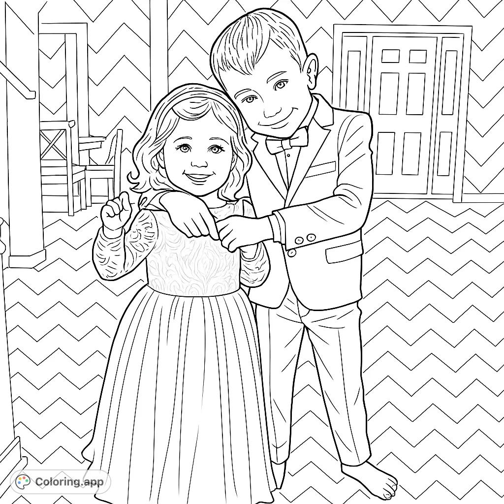 Capture the charm of two children in elegant formal wear. This delightful formal children's coloring page features intricate details and a fun zigzag background.