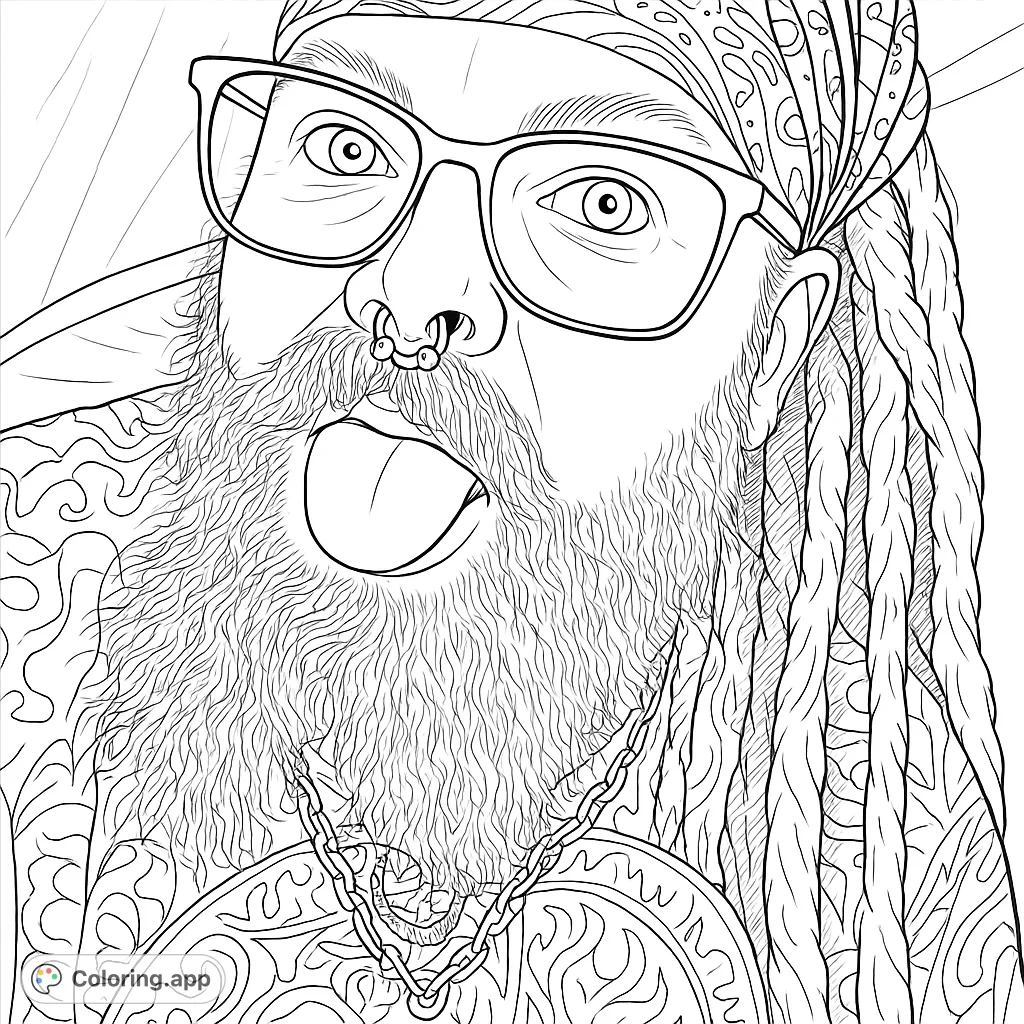 Capture a unique portrait featuring a person with a detailed beard, dreadlocks, glasses, and a playful expression. Perfect for adult colorists.