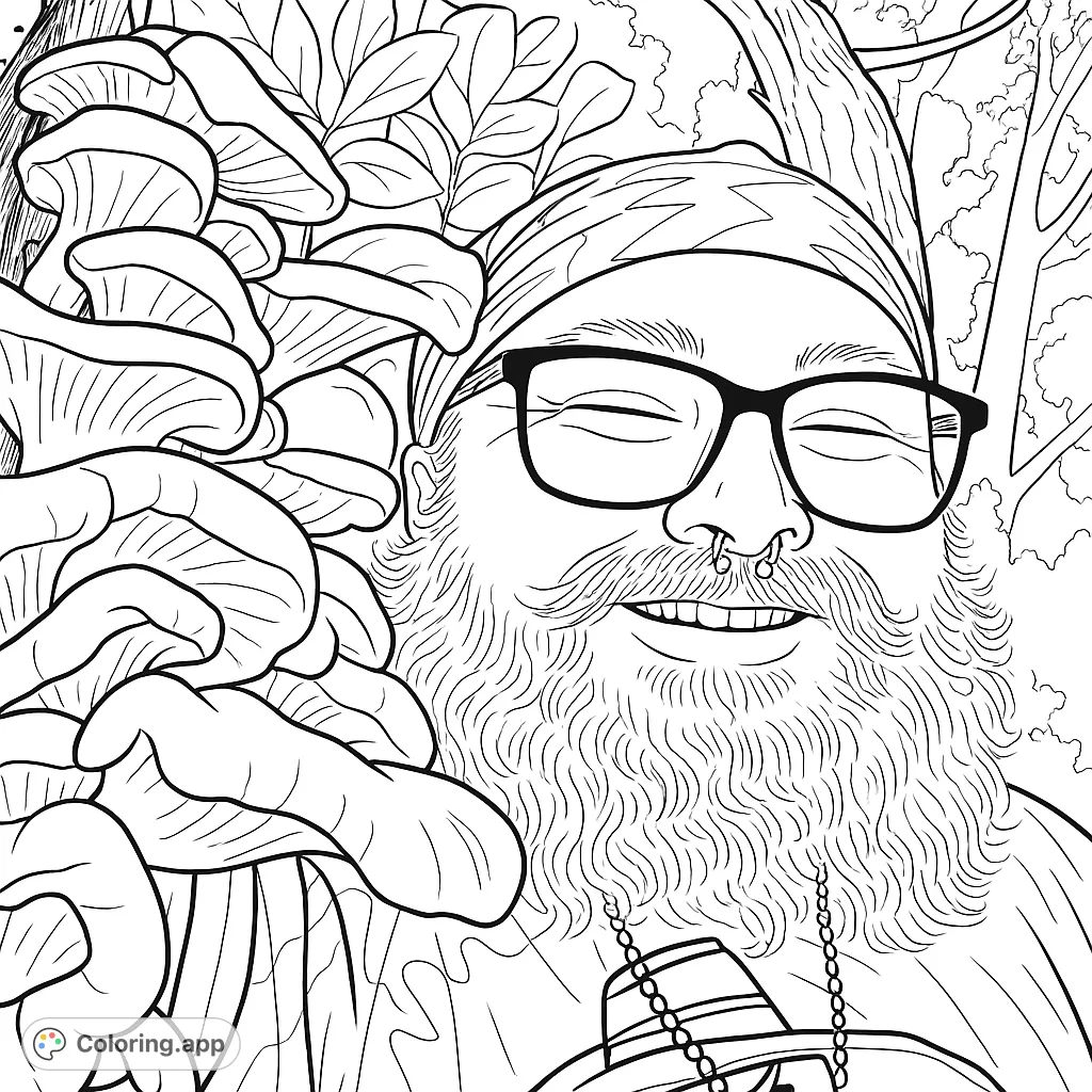 A unique mushroom forager portrait featuring a bearded person, detailed fungi, and a nature backdrop. Perfect for nature and character coloring page enthusiasts.