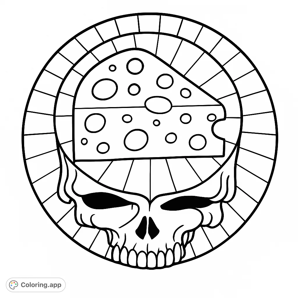 A unique psychedelic skull design featuring a cheese wedge and melting elements, surrounded by vibrant stripes. A challenging and fun coloring page.