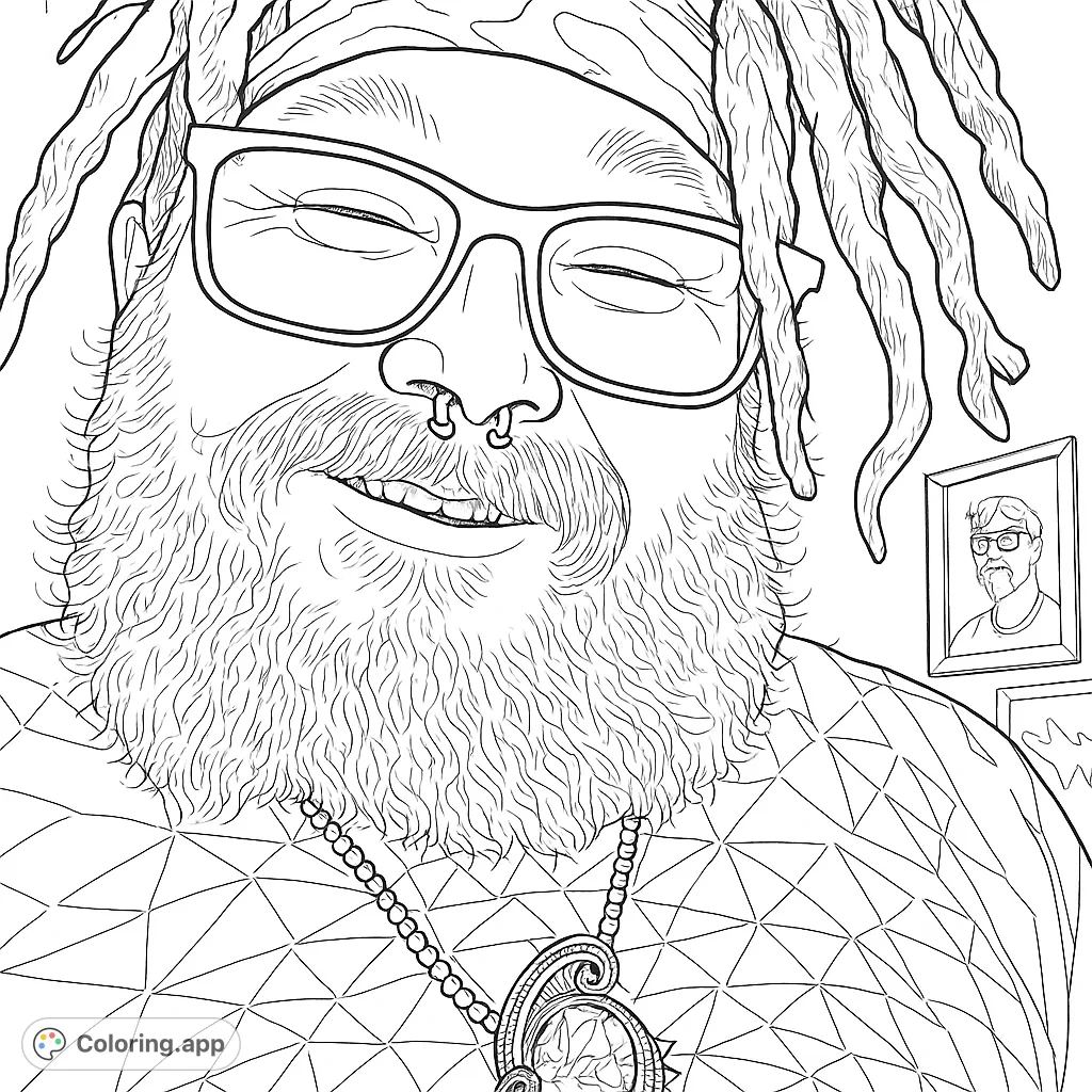 A vibrant portrait of a smiling person with dreadlocks, a full beard, and unique accessories. Expressive and detailed, perfect for creative coloring.