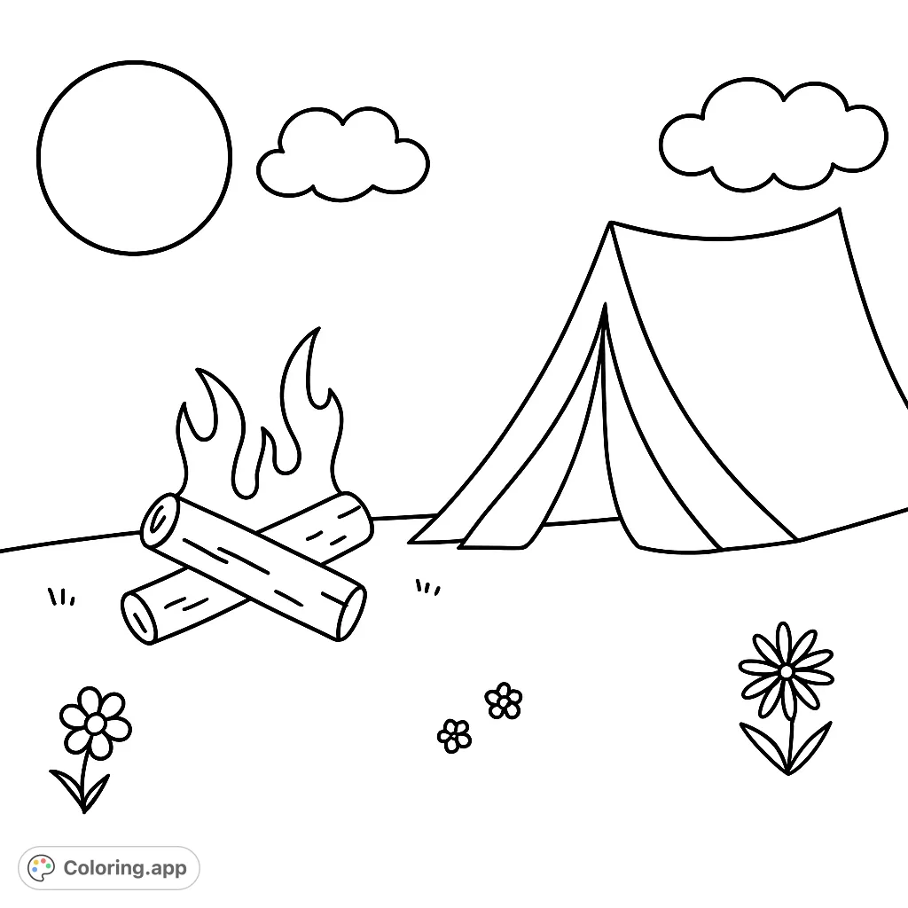 Explore a peaceful camping scene with a tent, crackling campfire, and celestial elements. Perfect for a relaxing outdoor adventure coloring page.