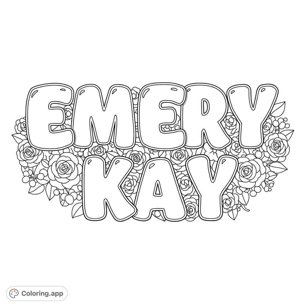 Personalize 'EMERY KAY' with this unique coloring page featuring playful bubble letters for 'EMERY' and bold block letters for 'KAY'. A fun, creative design.