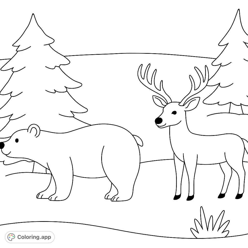 A charming forest scene featuring a friendly bear and a majestic deer, set against a backdrop of evergreen trees. Perfect for nature lovers.