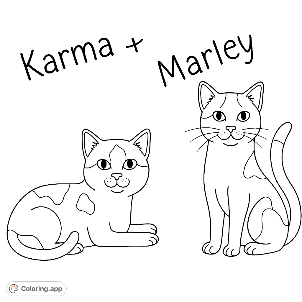 Meet Karma and Marley, two adorable cats ready for your creative touch! This free printable cat coloring page features a sitting and a lounging feline.