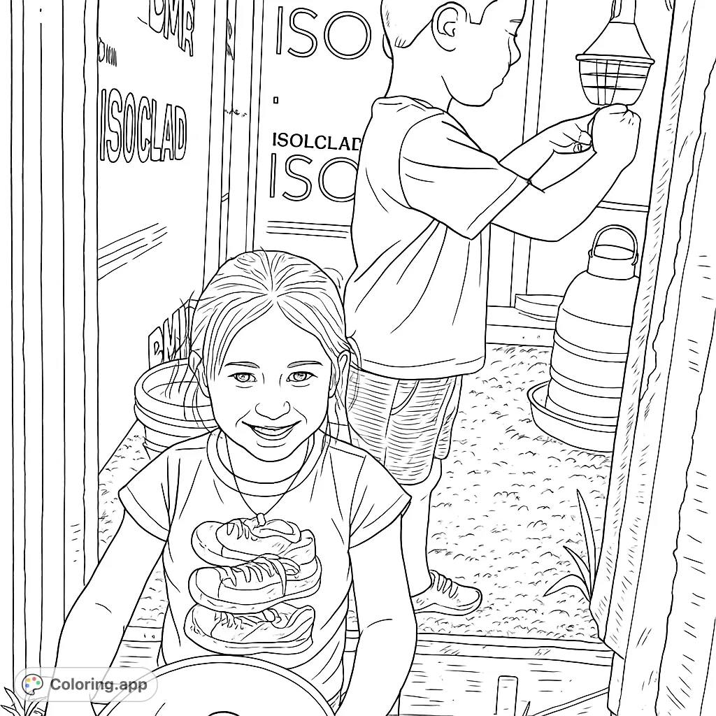 Join two children on a farm as they collect fresh eggs from the coop. A delightful scene of farm life and helping hands, perfect for young colorists.