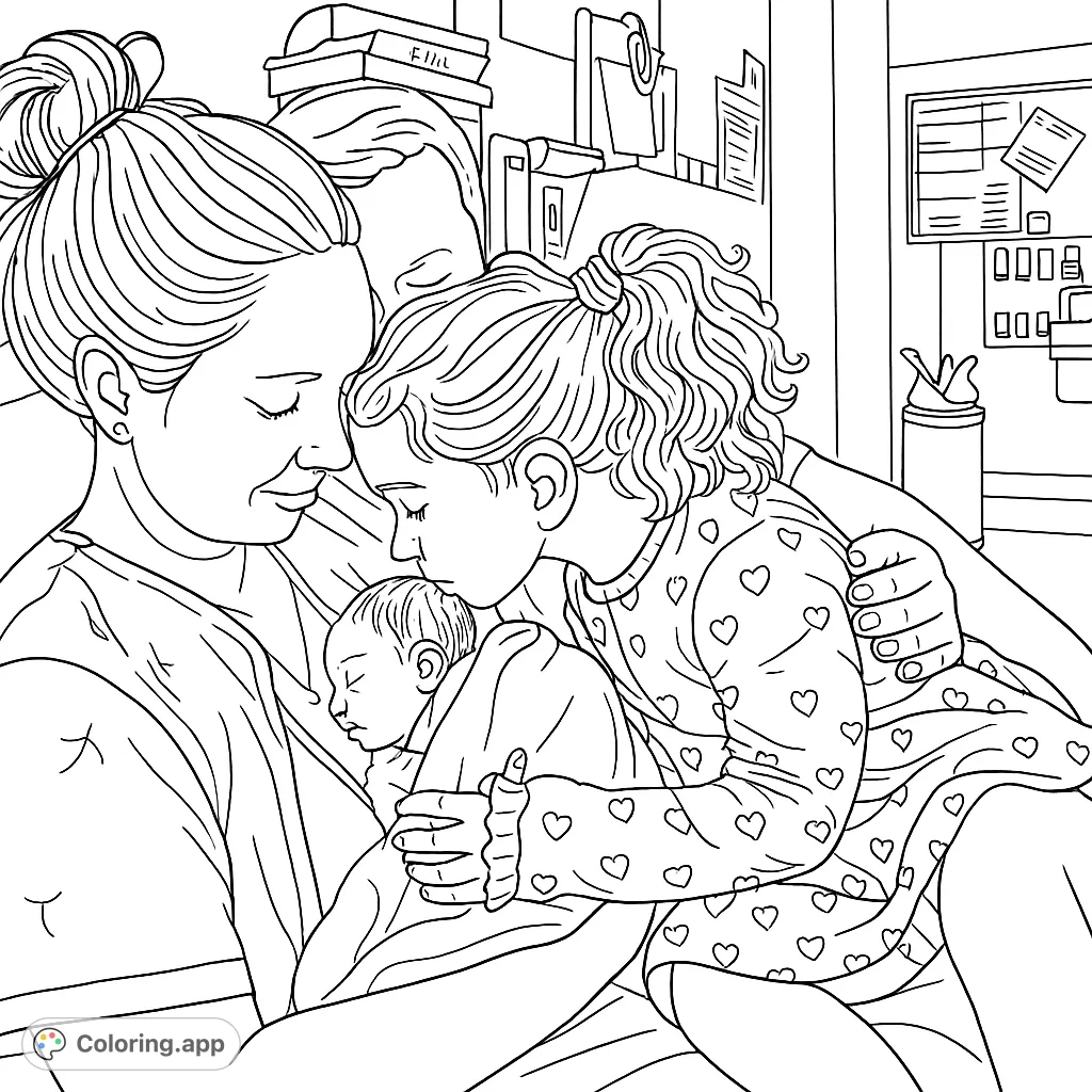 A heartwarming family scene with a new baby, mother, father, and older sibling. Perfect for celebrating new arrivals and family bonds.