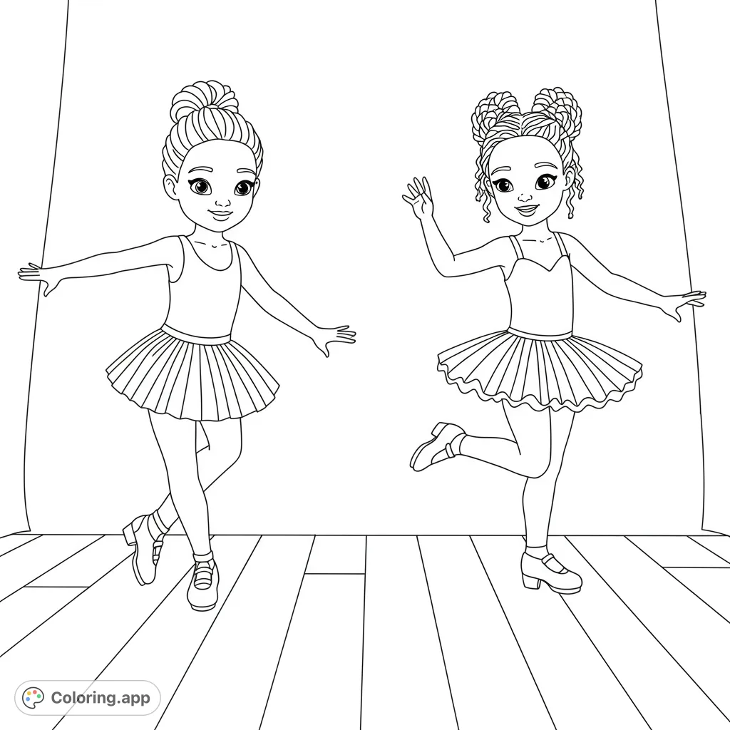 Two young tap dancers in leotards and tutus, poised on a stage. A delightful scene for aspiring performers to color and bring to life.