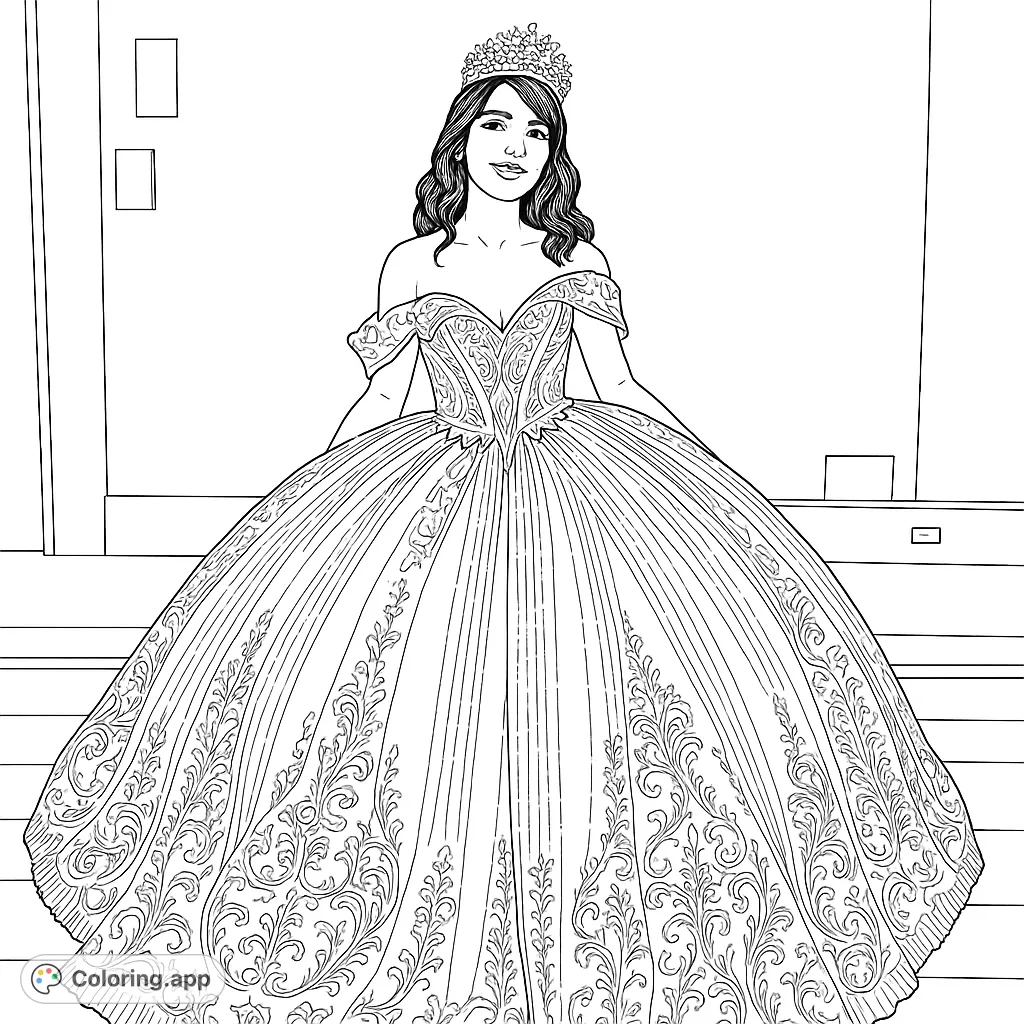 Color a stunning ball gown and crown, featuring intricate patterns and a regal pose. Perfect for fashion enthusiasts and those who love detailed designs.