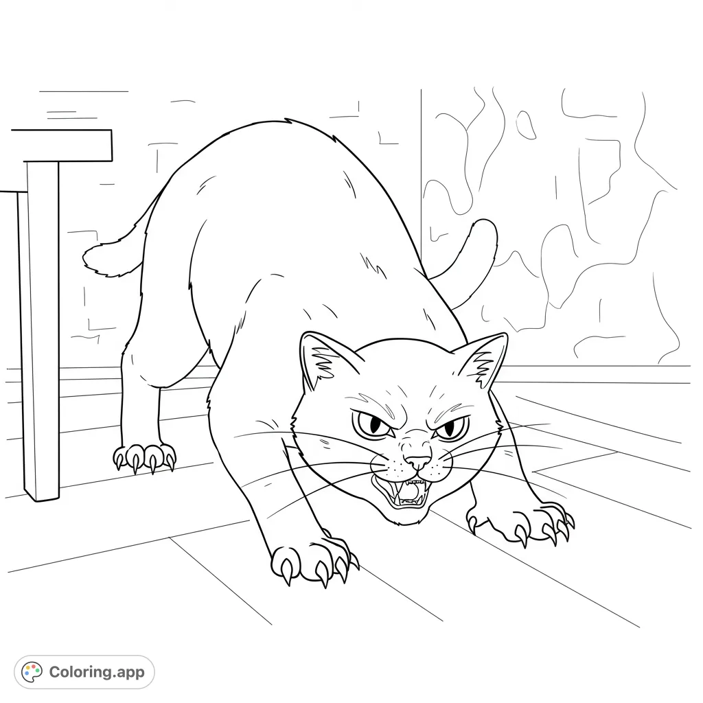 An angry cat with extended claws in a house, ready for action. A fierce feline scene perfect for a free printable cat coloring page.