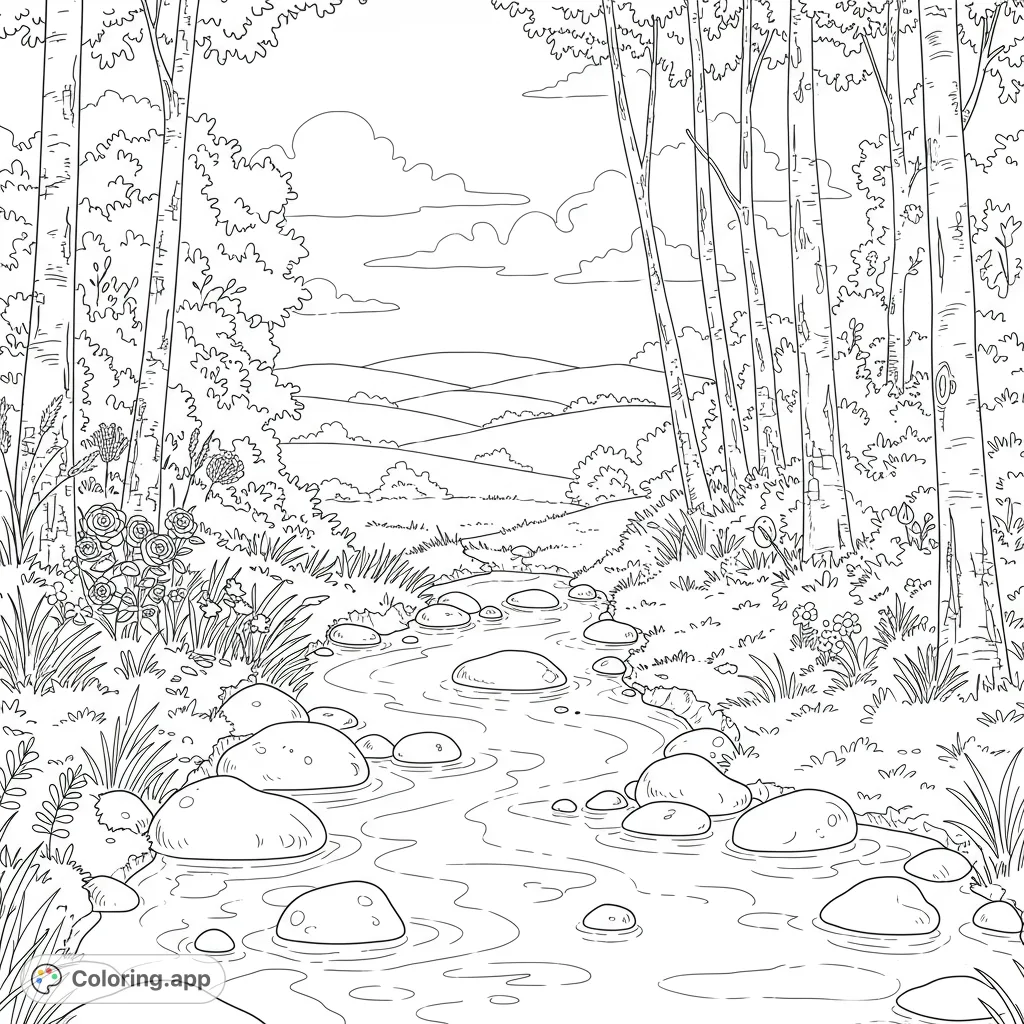 Immerse yourself in a serene nature coloring page featuring a peaceful stream, lush foliage, and distant hills. A perfect escape for relaxation.