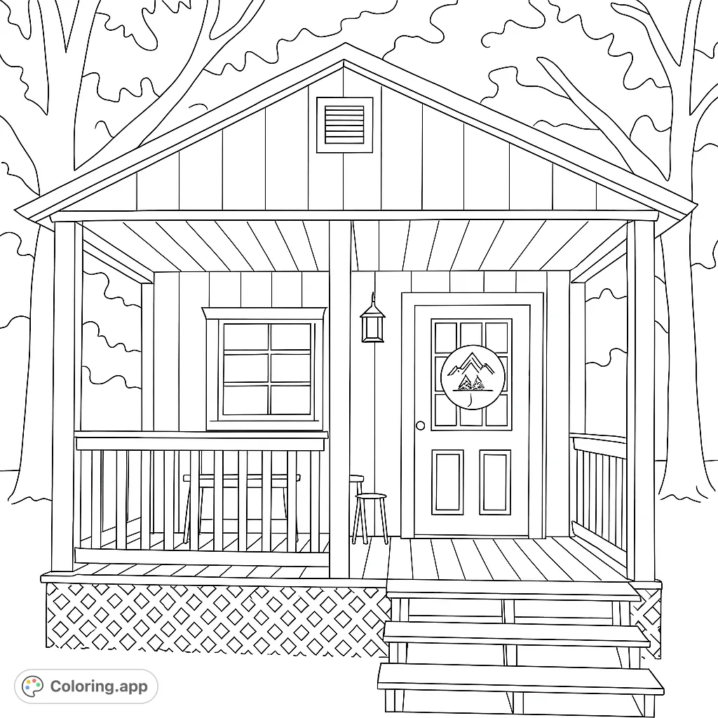 A delightful cozy house with a welcoming porch, perfect for creative coloring. Features intricate lattice and a charming natural setting.