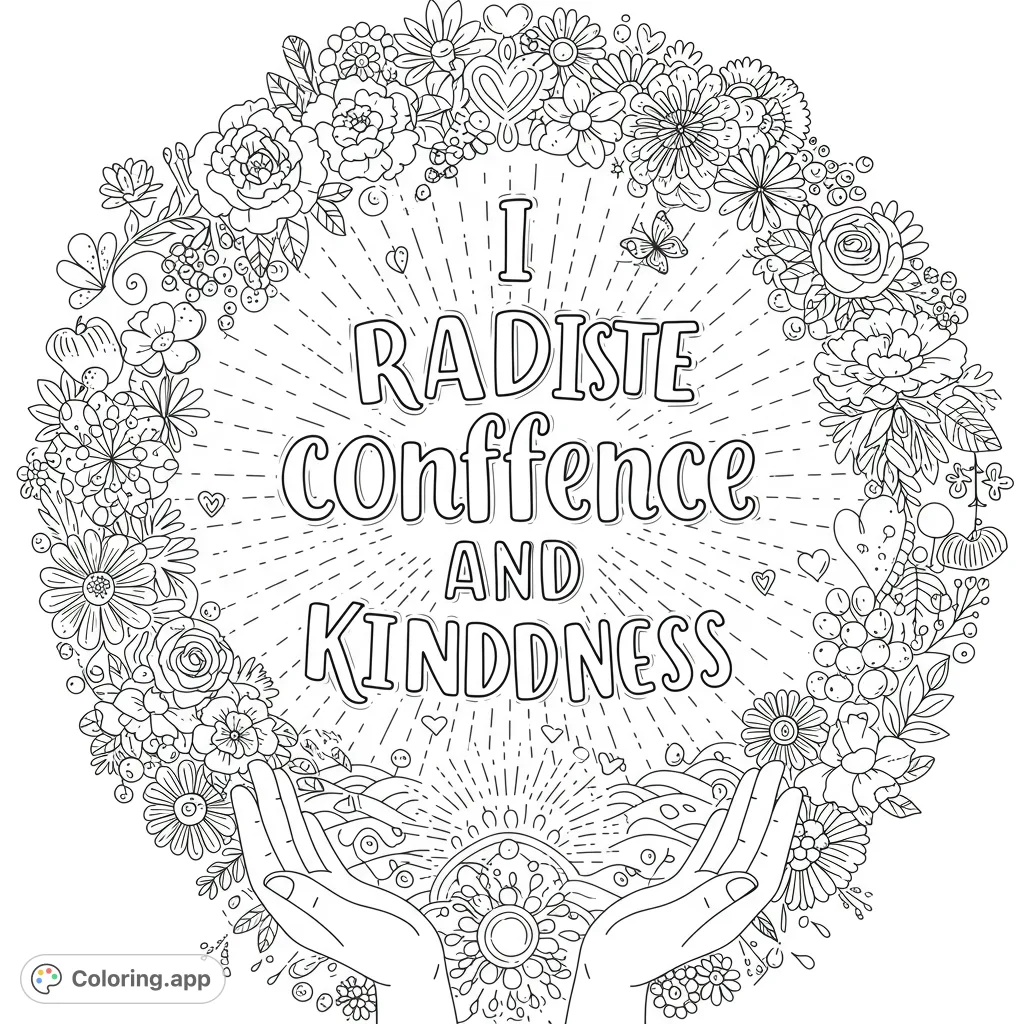 Embrace positivity with this whimsical affirmation coloring page. Features bold text, abstract florals, and decorative hearts for mindful coloring.