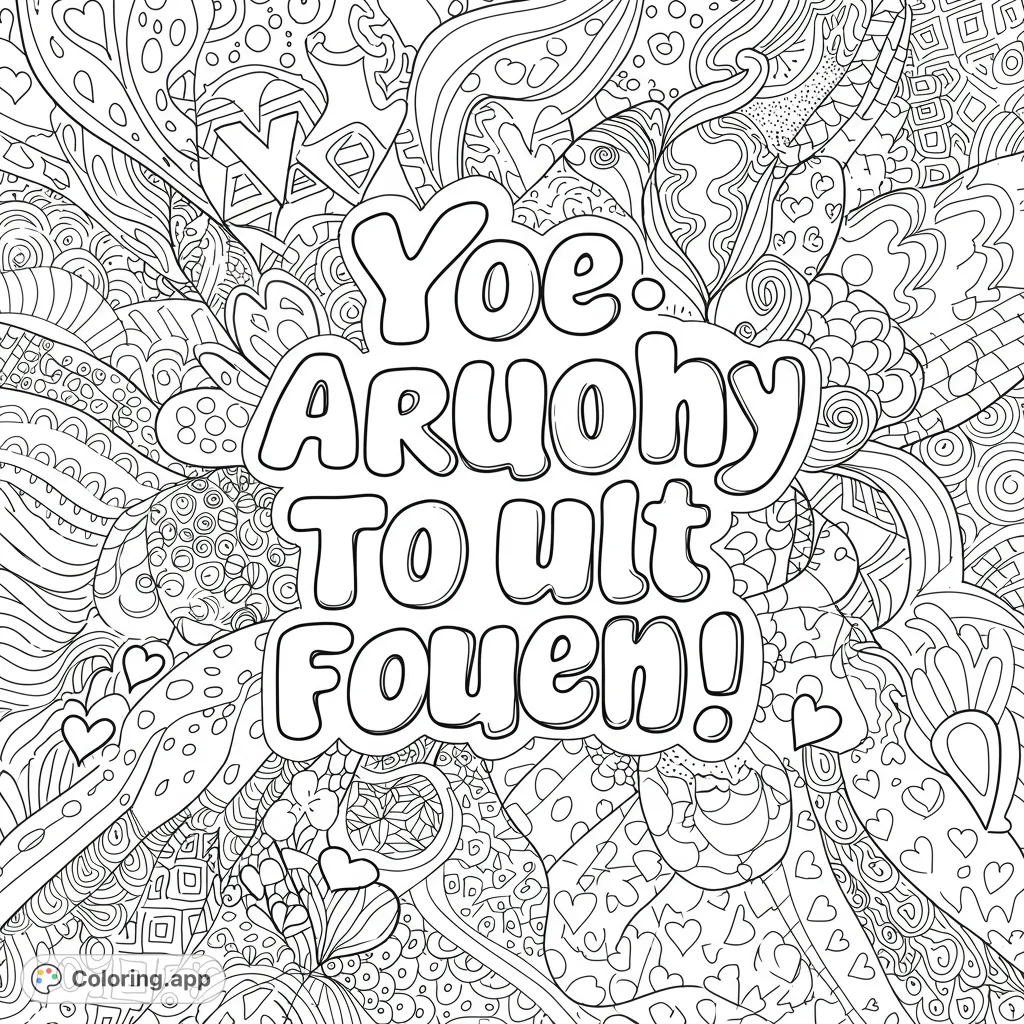 Boost self-esteem with a whimsical confidence coloring page featuring abstract shapes, heart patterns, and a flowing wave background. Perfect for self-love.