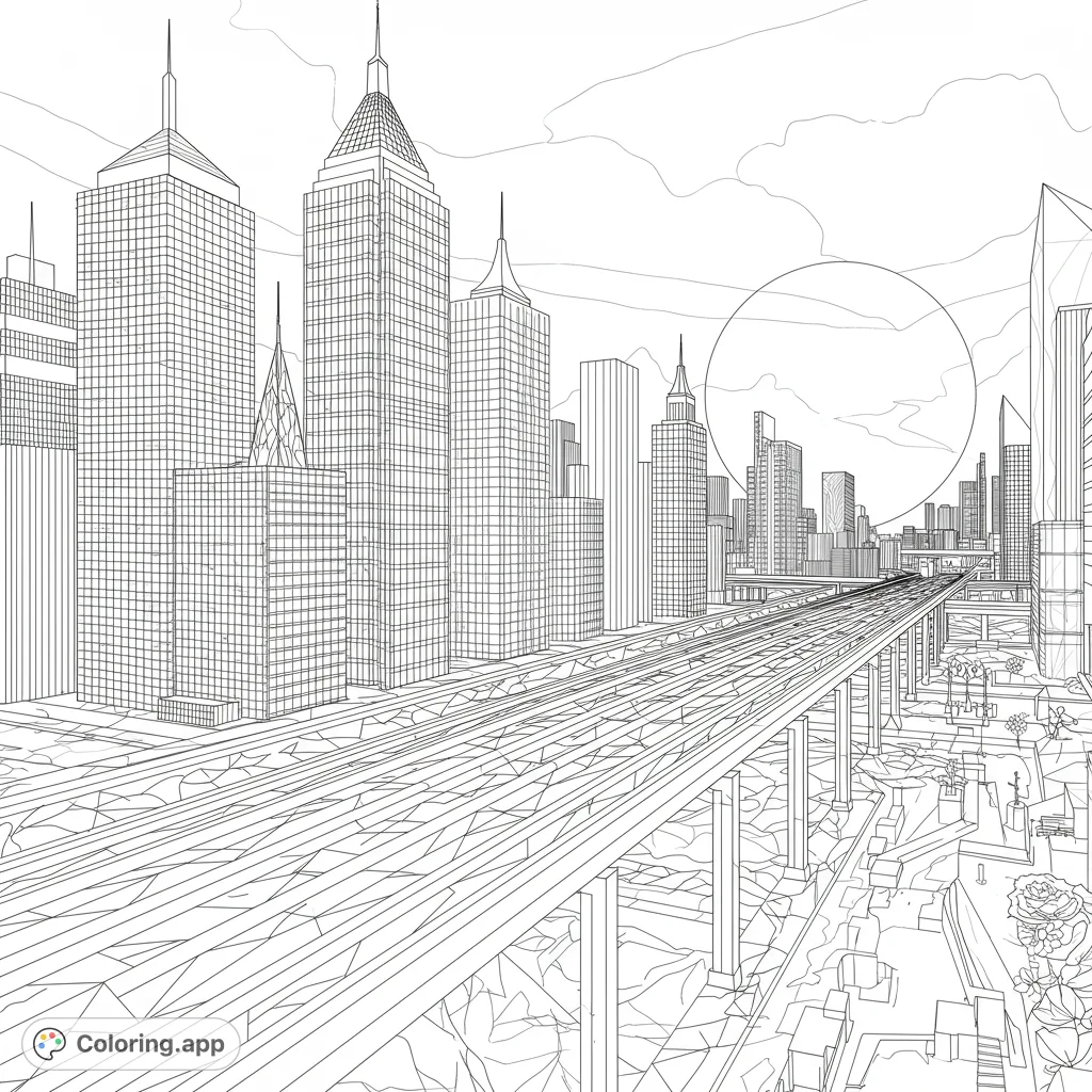 Explore an intricate geometric cityscape, a detailed urban landscape built from precise shapes and patterns. Perfect for precision coloring.