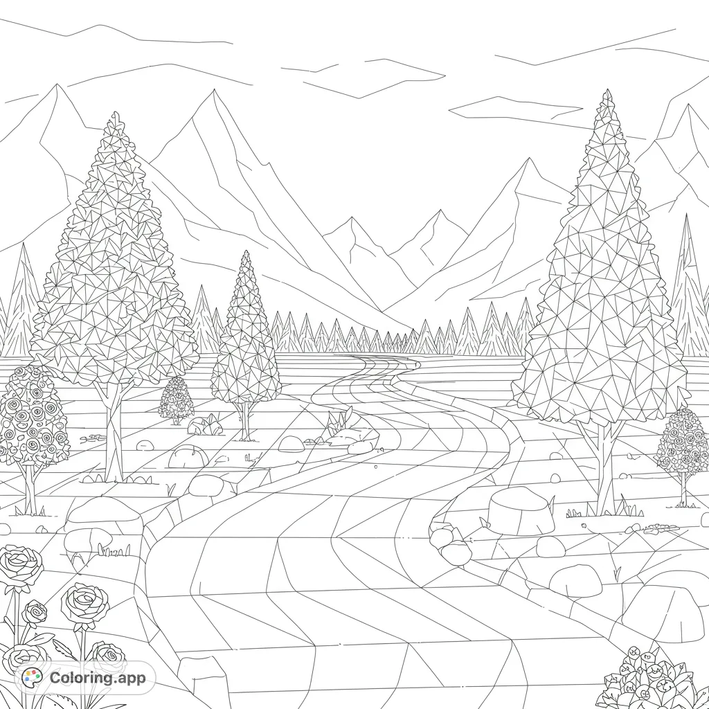 Explore a unique geometric landscape coloring page featuring angular mountains, a winding river, and trees formed from abstract shapes. Perfect for creative minds.