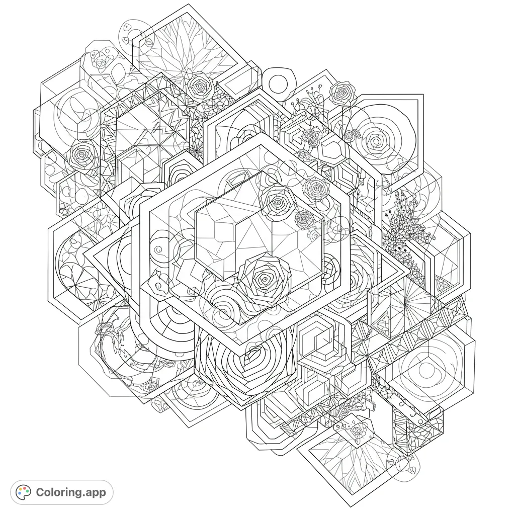 Explore a complex geometric shapes coloring page featuring interlocking squares, circles, and triangles, creating a dynamic interplay of positive and negative space.