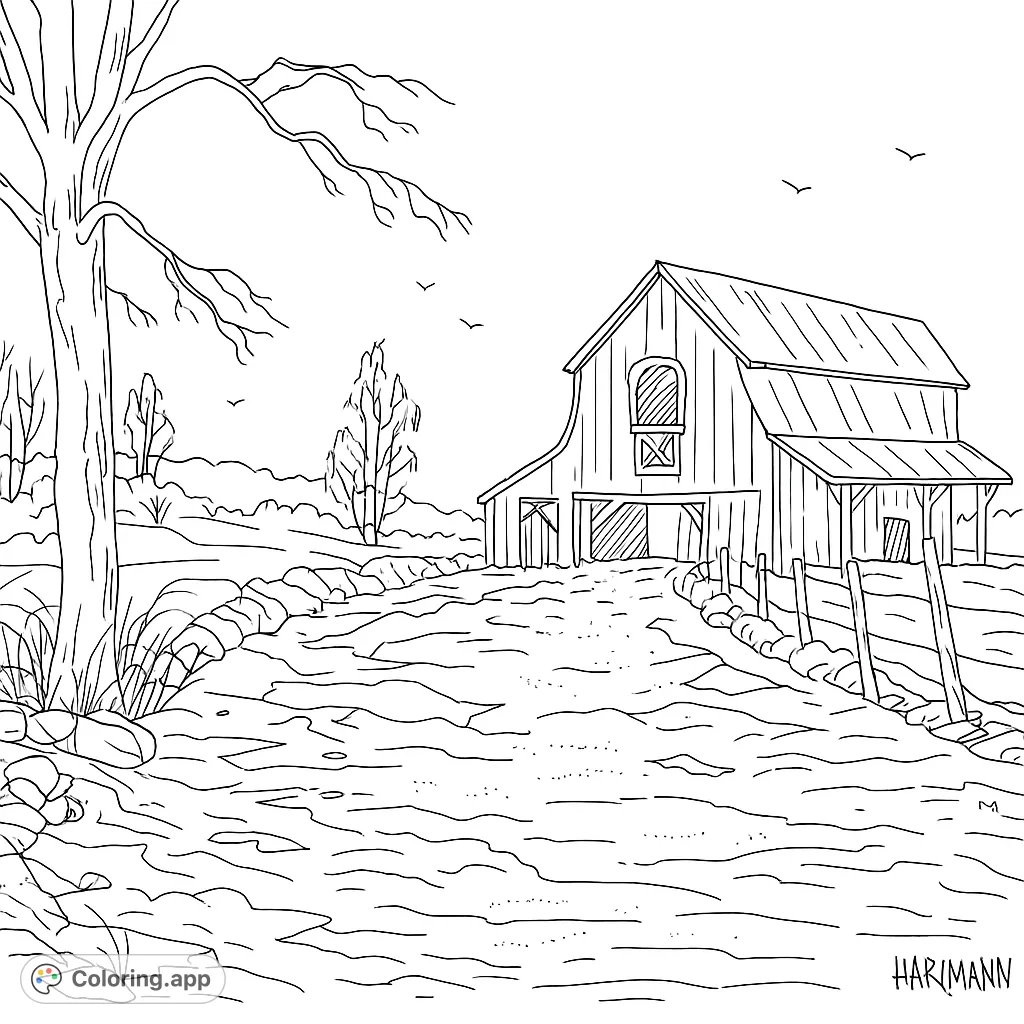 A charming rustic barn stands beside a winding path and a tall tree, inviting a peaceful country coloring experience.