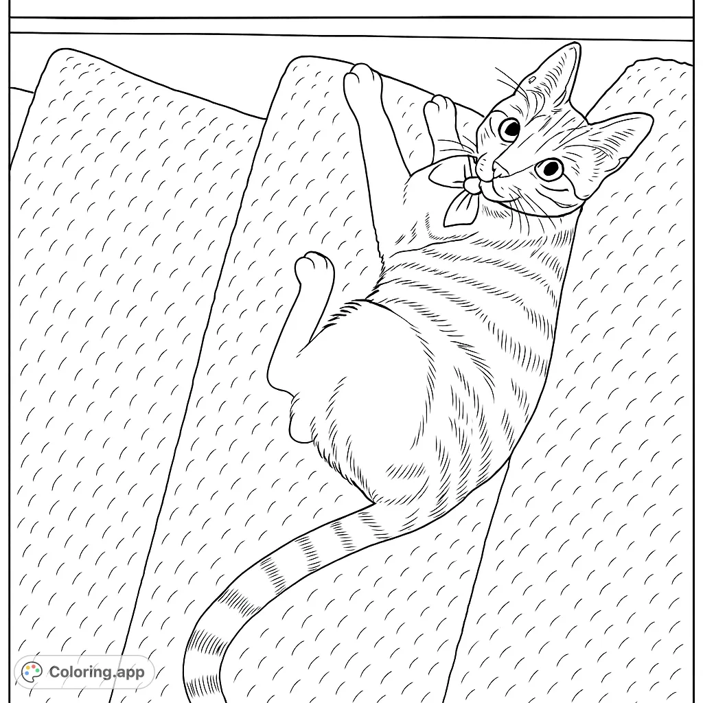 A charming cat lounging playfully on carpeted stairs, featuring detailed fur patterns and a cute bow tie. A delightful free printable cat coloring page.
