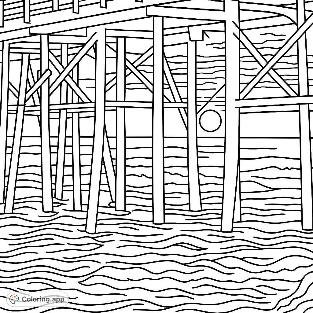 Explore a serene pier scene with intricate pilings, gentle waves, and a striking celestial body on the horizon. A peaceful coastal escape.