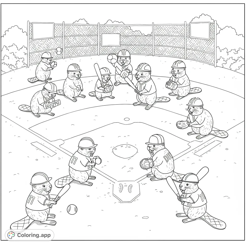 Join a playful team of beavers on the baseball diamond! Some wear construction helmets, ready to play with bats and gloves. A fun, free printable beaver baseball coloring page.