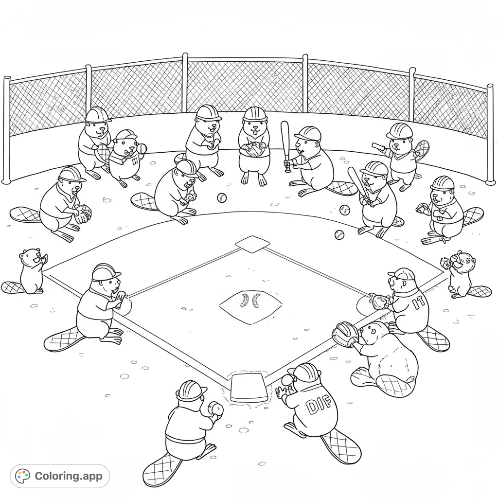 Join a playful team of beavers on the baseball diamond! Some wear construction helmets, ready to play with bats and gloves. A fun, free printable beaver baseball coloring page.