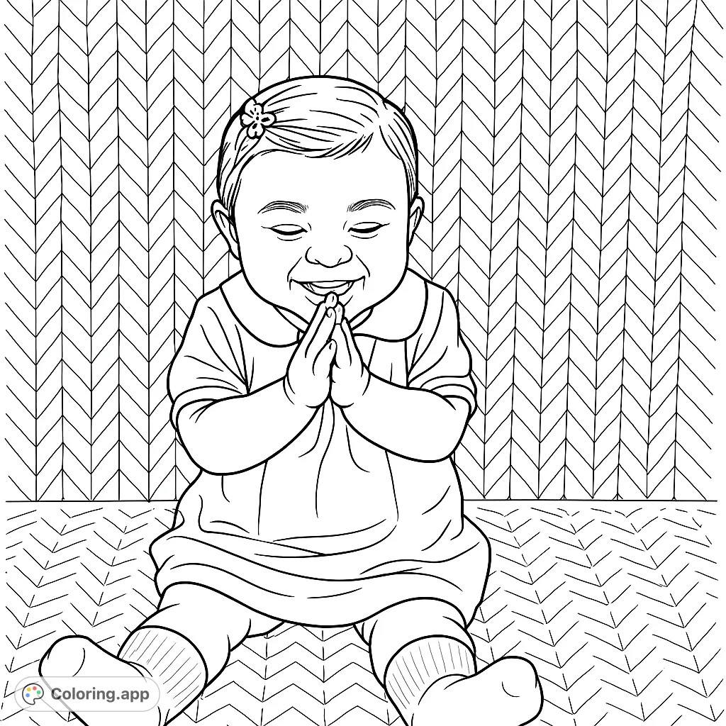 Capture the joy of a happy baby with clasped hands, wearing a sweet dress and socks, against a textured background. A delightful baby coloring page.