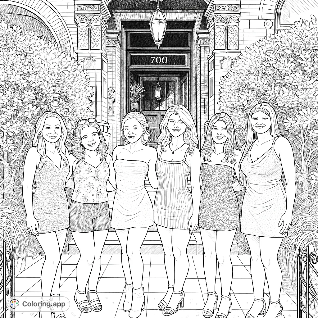 Six friends pose in stylish outfits before a grand, ornate building. A fun, fashionable scene perfect for adding your own flair and celebrating friendship.