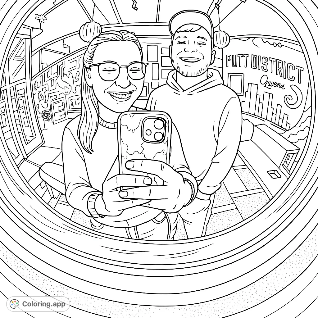 Capture a unique moment with this distorted mirror selfie coloring page. Features two smiling figures and a warped entertainment venue background.