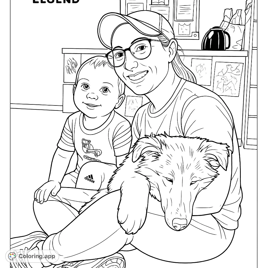 Capture a heartwarming moment with a woman, child, and their beloved dog. A perfect family portrait for all ages to color and cherish.