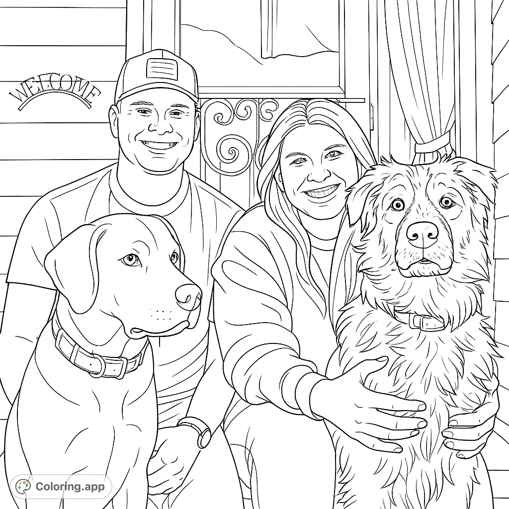 A heartwarming scene featuring a happy couple with their two beloved dogs, set against a cozy home backdrop. Perfect for pet lovers and family fun.