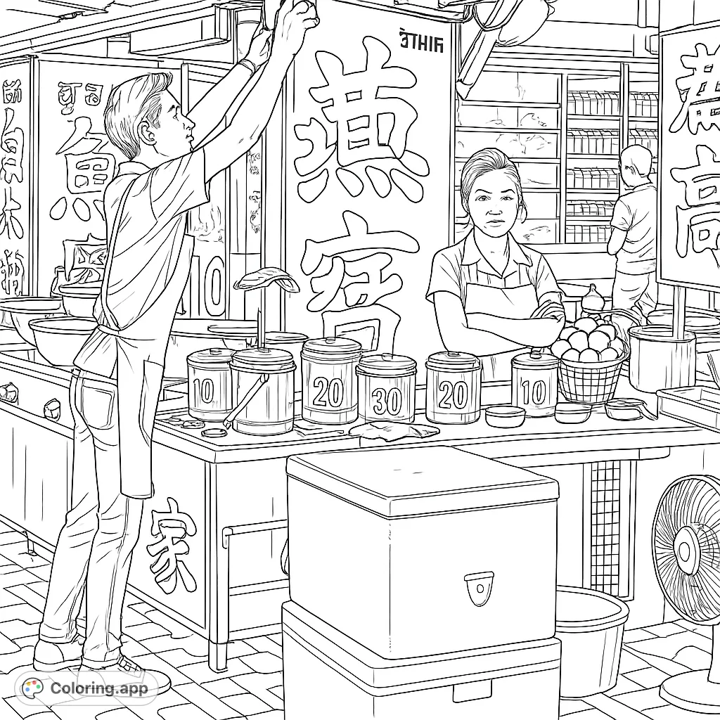 Immerse yourself in a detailed street food stall scene, featuring vendors, cooking essentials, and vibrant market atmosphere. Perfect for intricate coloring.