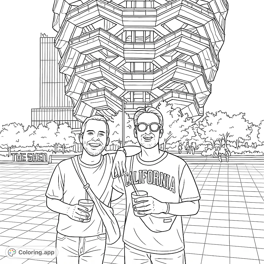 Two friends pose in front of a striking, multi-tiered architectural landmark, perfect for urban exploration and detailed coloring.