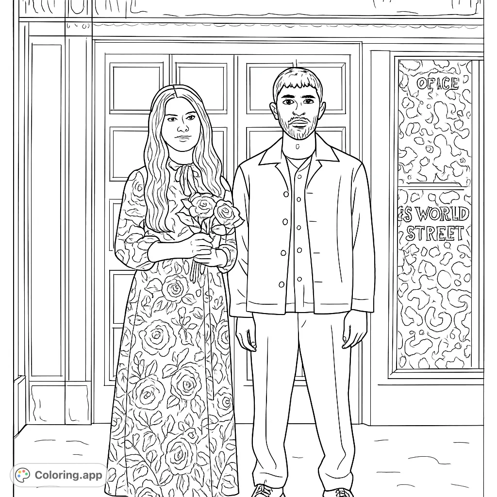A joyful couple stands before ornate doors, ready for a special day. Features a detailed floral dress and a classic suit, perfect for creative coloring.