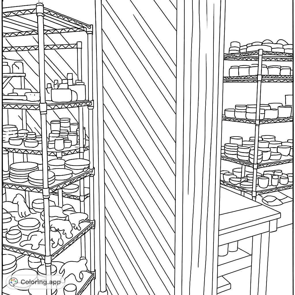 Explore a detailed pottery studio scene with shelves full of ceramic pieces and a textured wooden wall. Perfect for creative expression.