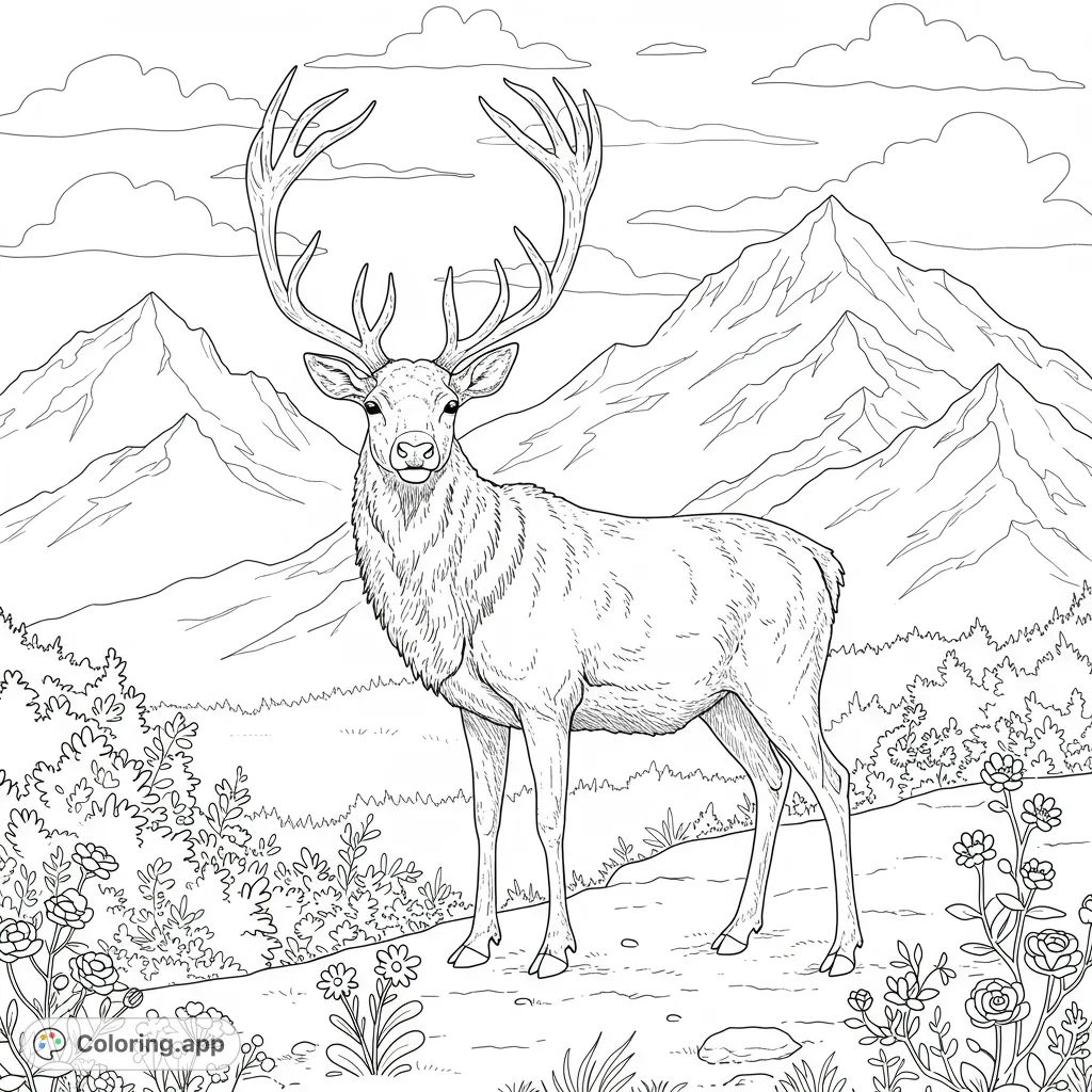 A realistic caribou with grand antlers stands before a towering mountain range, adorned with delicate floral details. A beautiful nature scene.