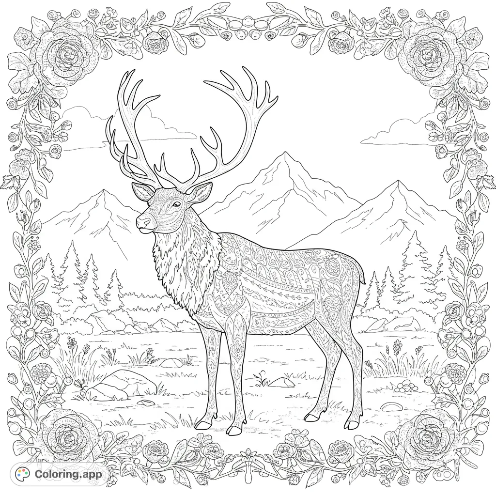 Discover a majestic caribou with intricate antlers set against towering mountains. A realistic nature scene framed by decorative flowers and leaves.
