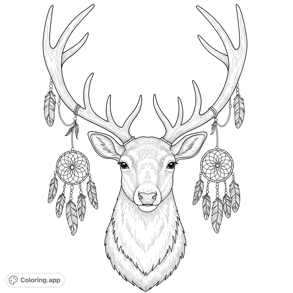 A detailed caribou head and shoulders with grand antlers adorned by dream catchers and feathers. A unique caribou coloring page for nature lovers.