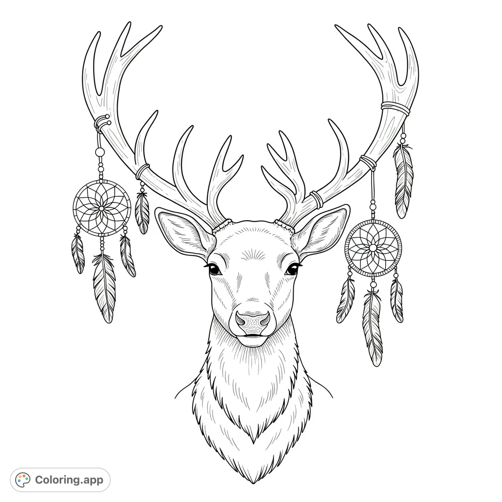 A detailed caribou head and shoulders with grand antlers adorned by dream catchers and feathers. A unique caribou coloring page for nature lovers.