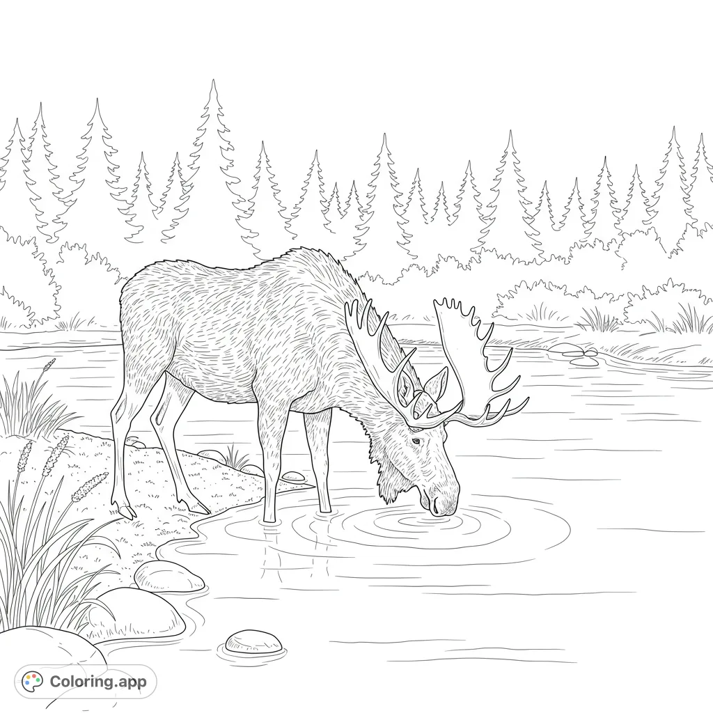 A majestic moose stands on a river bank, gracefully drinking from the water, surrounded by natural elements. Perfect for nature and wildlife enthusiasts.